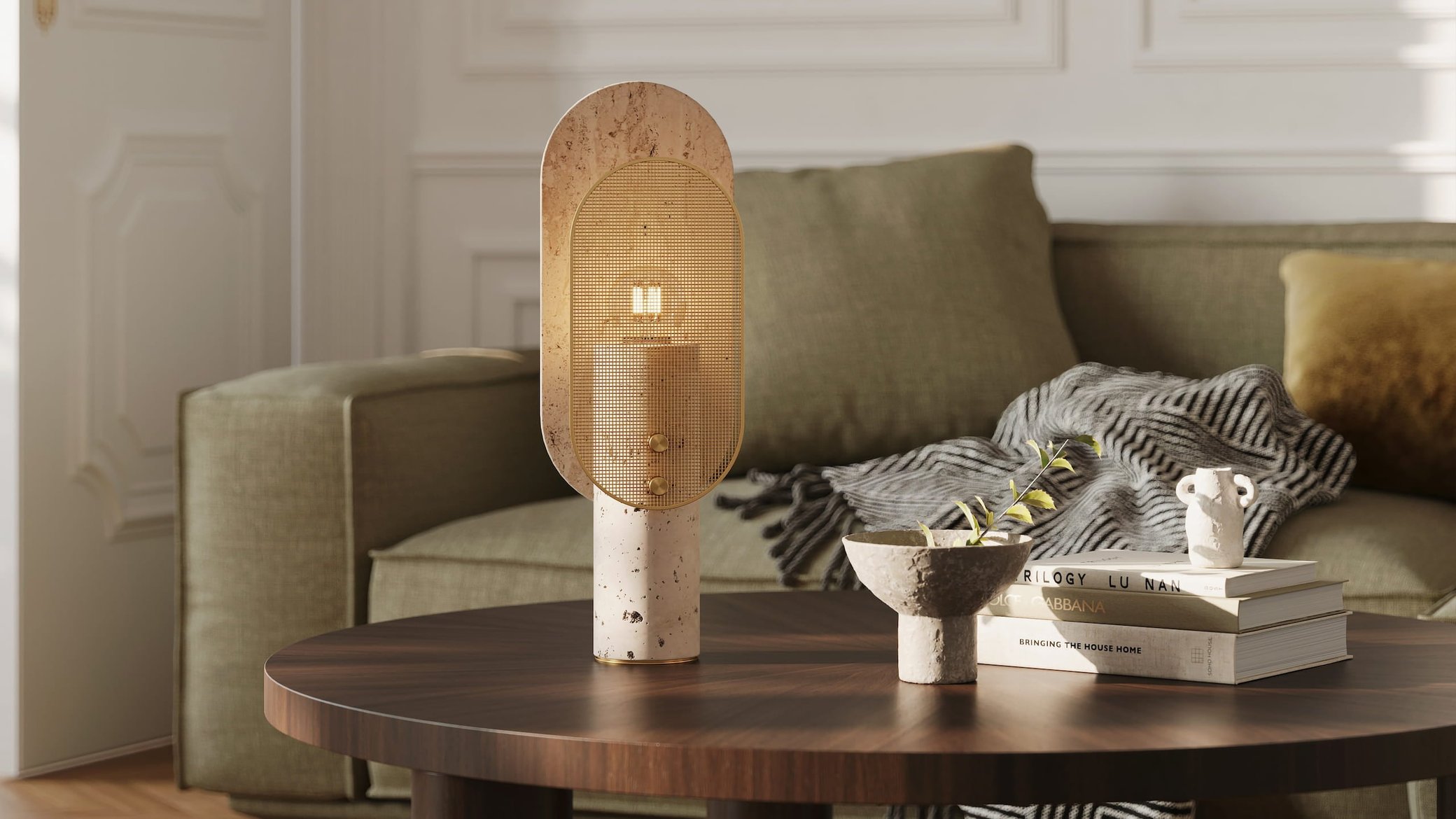 Modern table lamp with perforated brass mesh shade — 3D rendering demonstration for lighting manufacturers